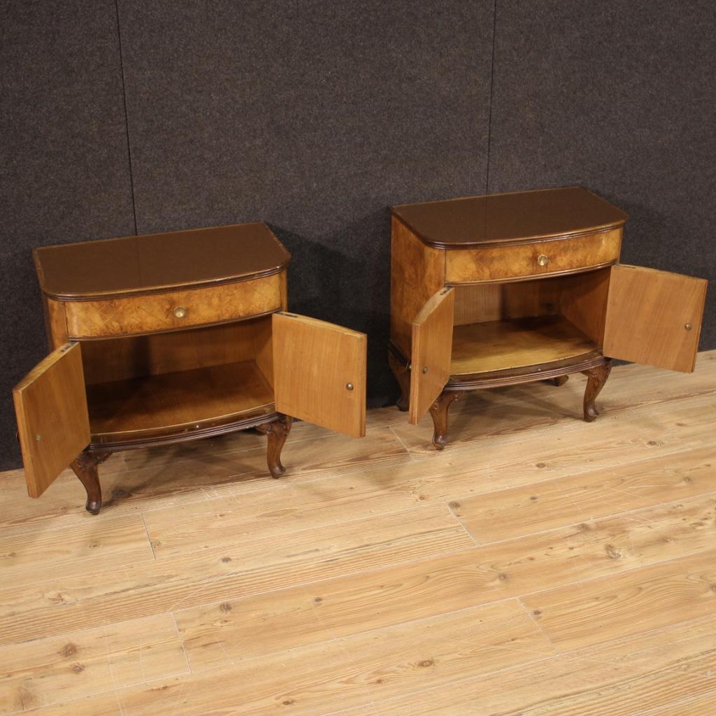 Mid-20th Century Pair of 20th Century Inlaid Wood with Glass Top Italian Bedside Tables, 1950