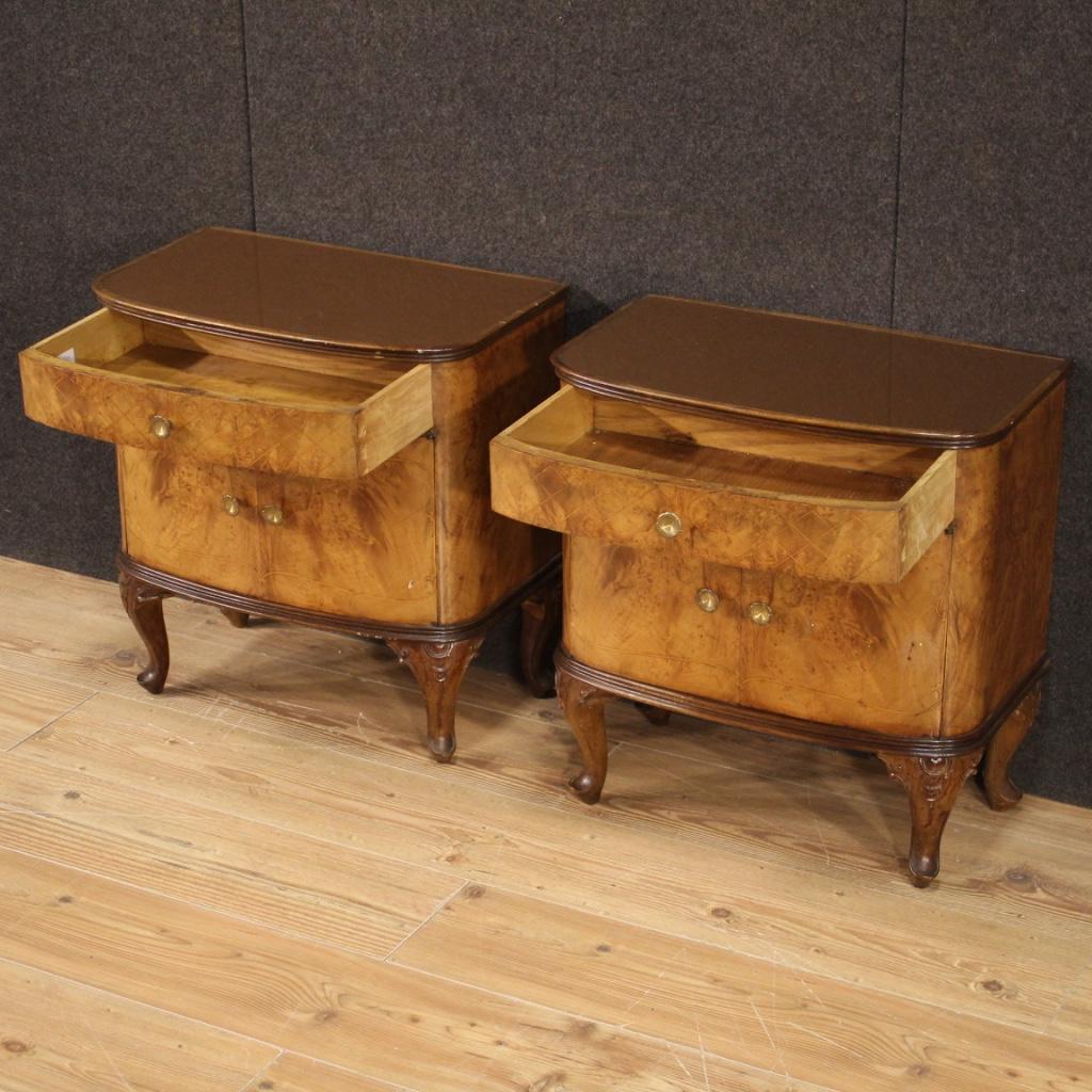 Pair of 20th Century Inlaid Wood with Glass Top Italian Bedside Tables, 1950 1
