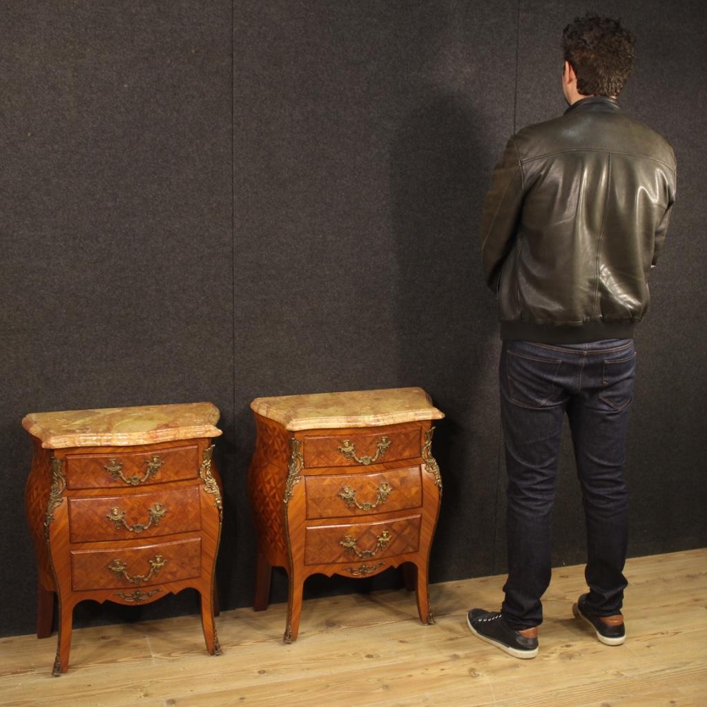 Pair of 20th Century Inlaid Wood with Marble Top French Bedside Tables, 1960 9