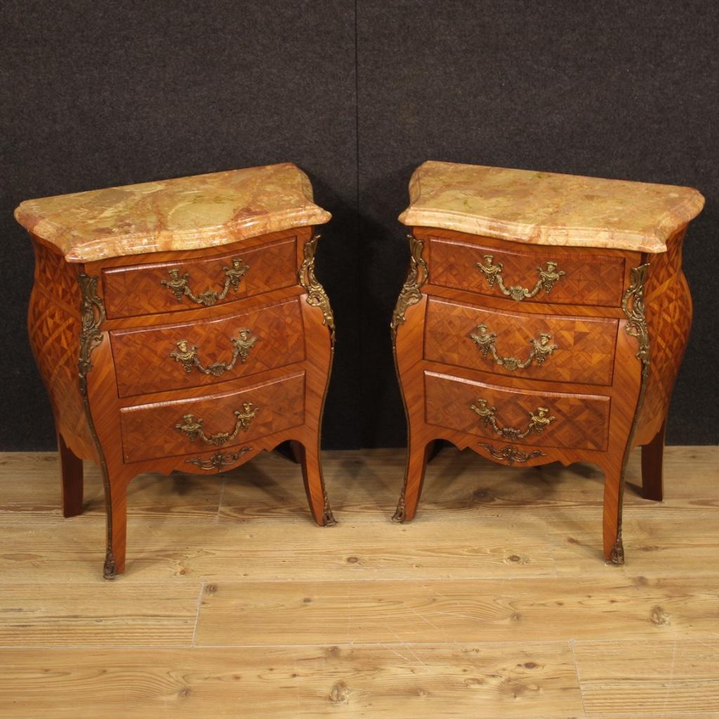 Pair of 20th Century Inlaid Wood with Marble Top French Bedside Tables, 1960 In Good Condition In Vicoforte, Piedmont