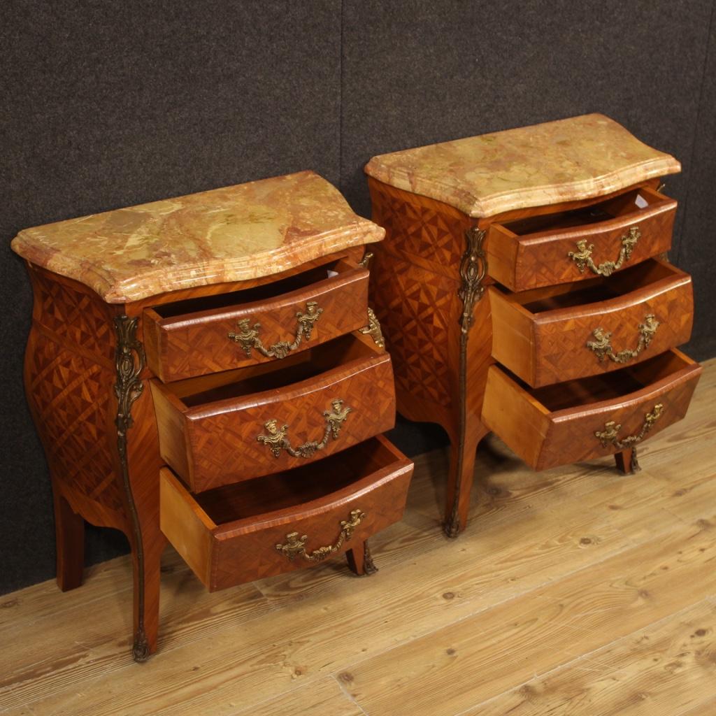 Pair of 20th Century Inlaid Wood with Marble Top French Bedside Tables, 1960 4