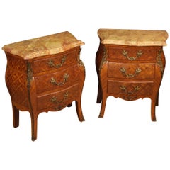 Pair of 20th Century Inlaid Wood with Marble Top French Bedside Tables, 1960