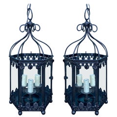 Pair of 20th Century Iron and Glass Hexagonal Three-Light Lanterns