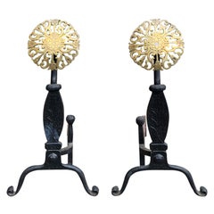 Pair of 20th Century Iron Andirons with Brass Medallions