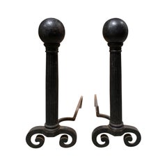 Pair of 20th Century Iron Andirons with Column Shaft & Cannon Ball Finial
