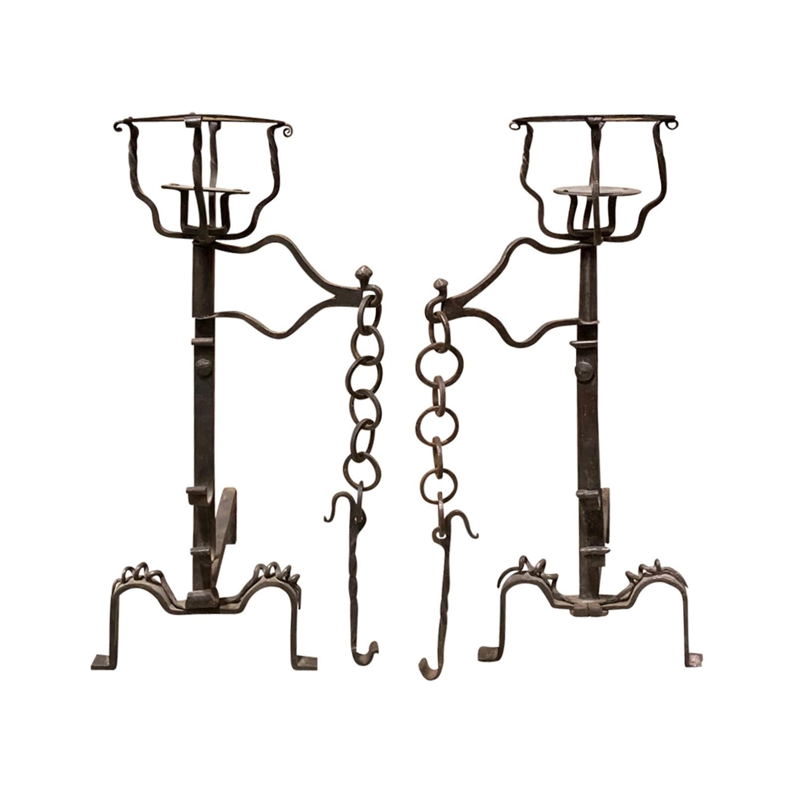 Pair of 20th Century Iron Andirons with Port Warmers and Swing Arms