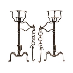 Vintage Pair of 20th Century Iron Andirons with Port Warmers and Swing Arms