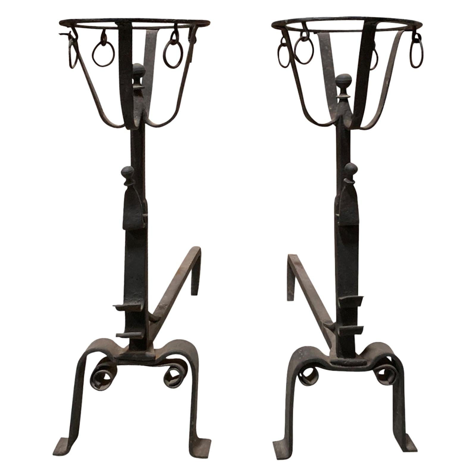 Pair of 20th Century Iron Andirons with Porter Warmers & Whimsical Loops