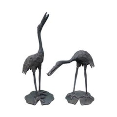 Pair of 20th Century Iron Cranes on Custom Lilypad Bases, Marked Japan