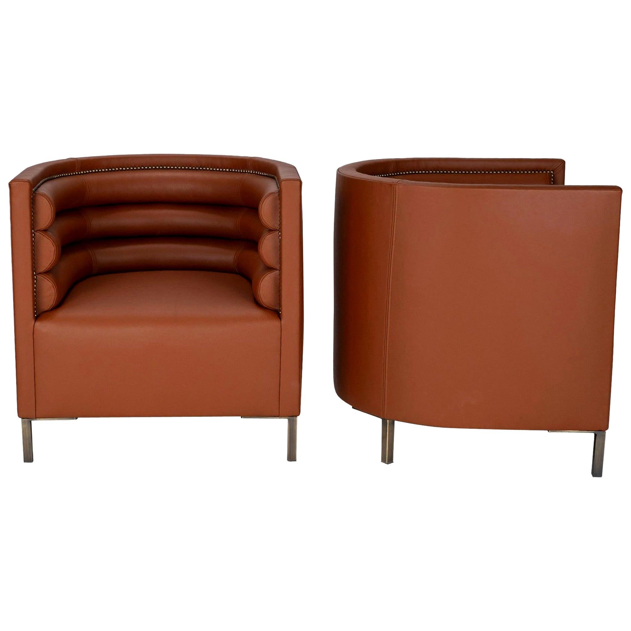 Pair of 20th Century Italian Barrel Back Chairs in Cognac Leather