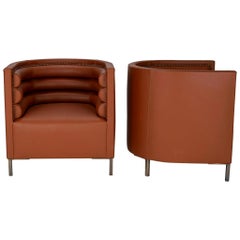 Vintage Pair of 20th Century Italian Barrel Back Chairs in Cognac Leather