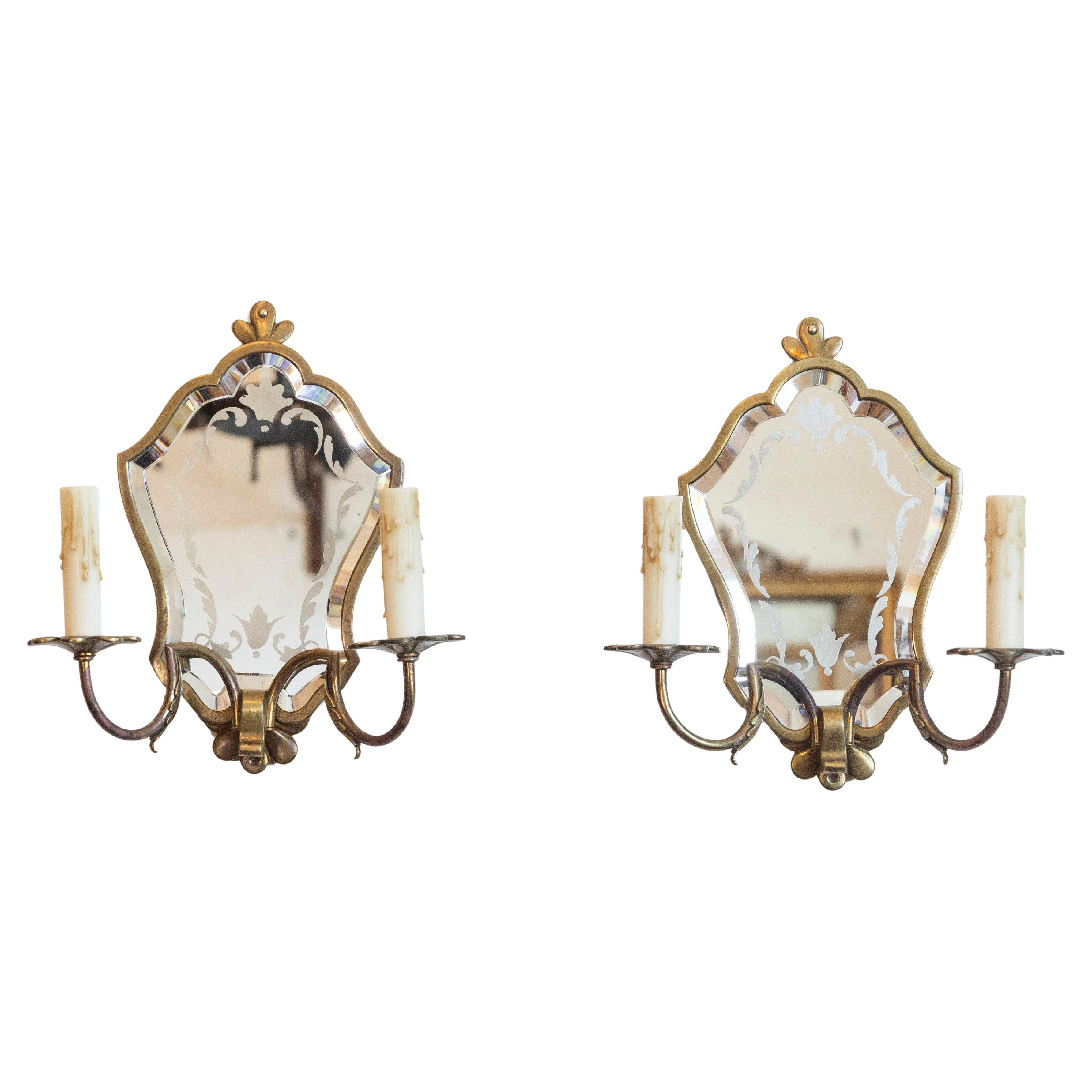 Paire d'appliques à miroir en laiton italiennes du 20e siècle en vente