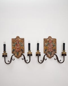 Pair of 20th Century Italian Carved Wood And Wrought Iron Wall Sconces