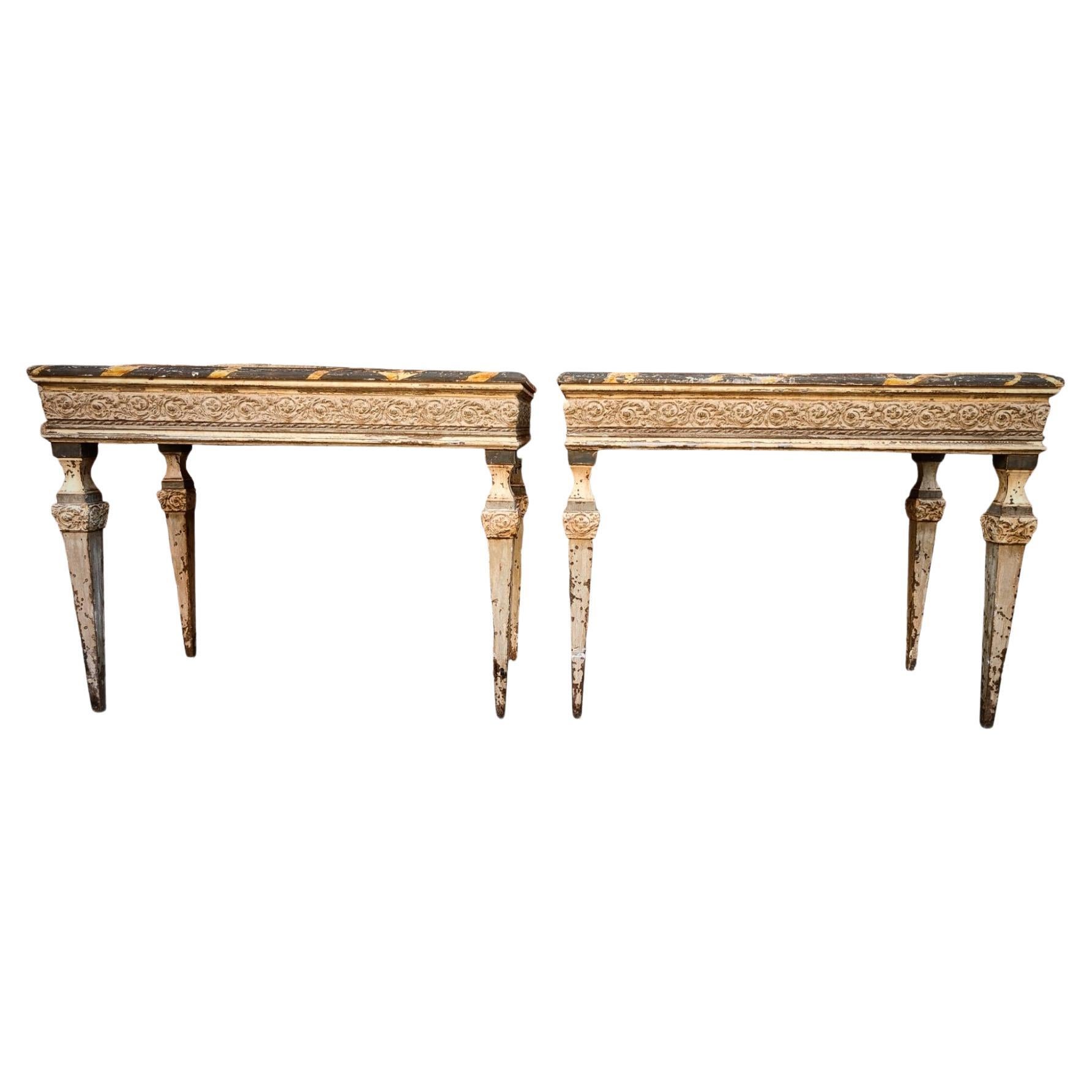 Pair of 20th Century Italian Consoles: Carved and Polychromed Elegance For Sale