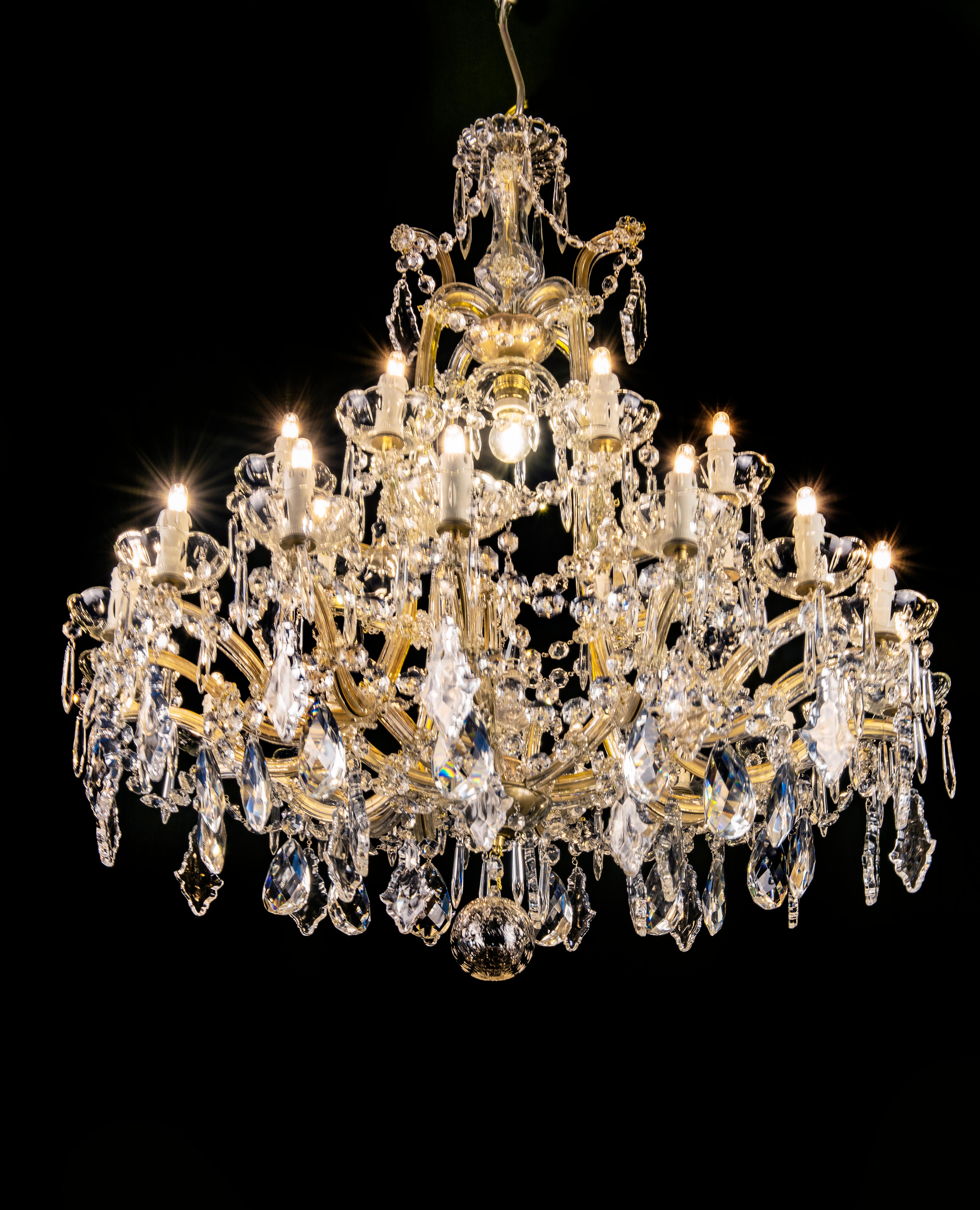 Faceted Pair of 20th Century Italian Crystal Chandeliers Maria Therese Style Two-Tier