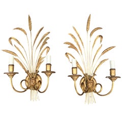 Pair of 20th Century Italian Gilded Wood or Tole Wheat Sconces