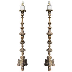 Pair of 20th Century Italian Giltwood Candlesticks as Floor Lamps