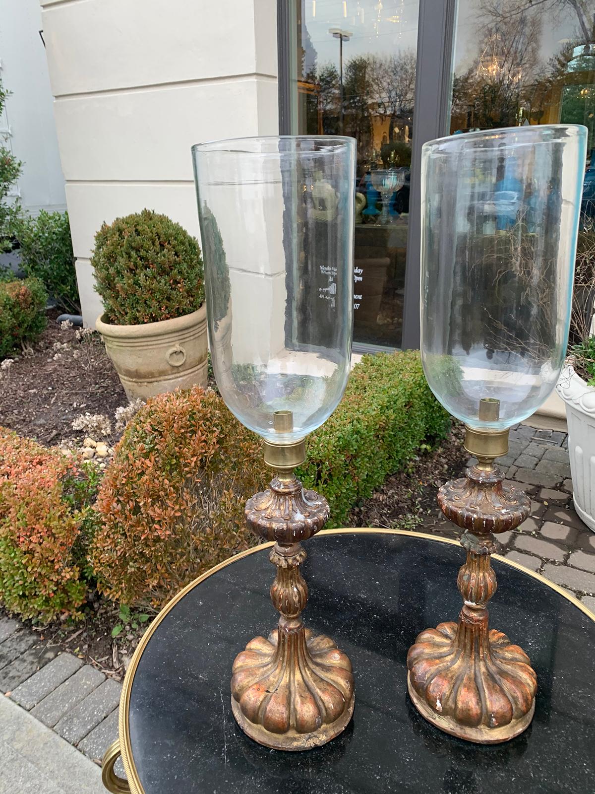 Pair of 20th Century Italian Giltwood Candlesticks with Hand Blown Photophores 9