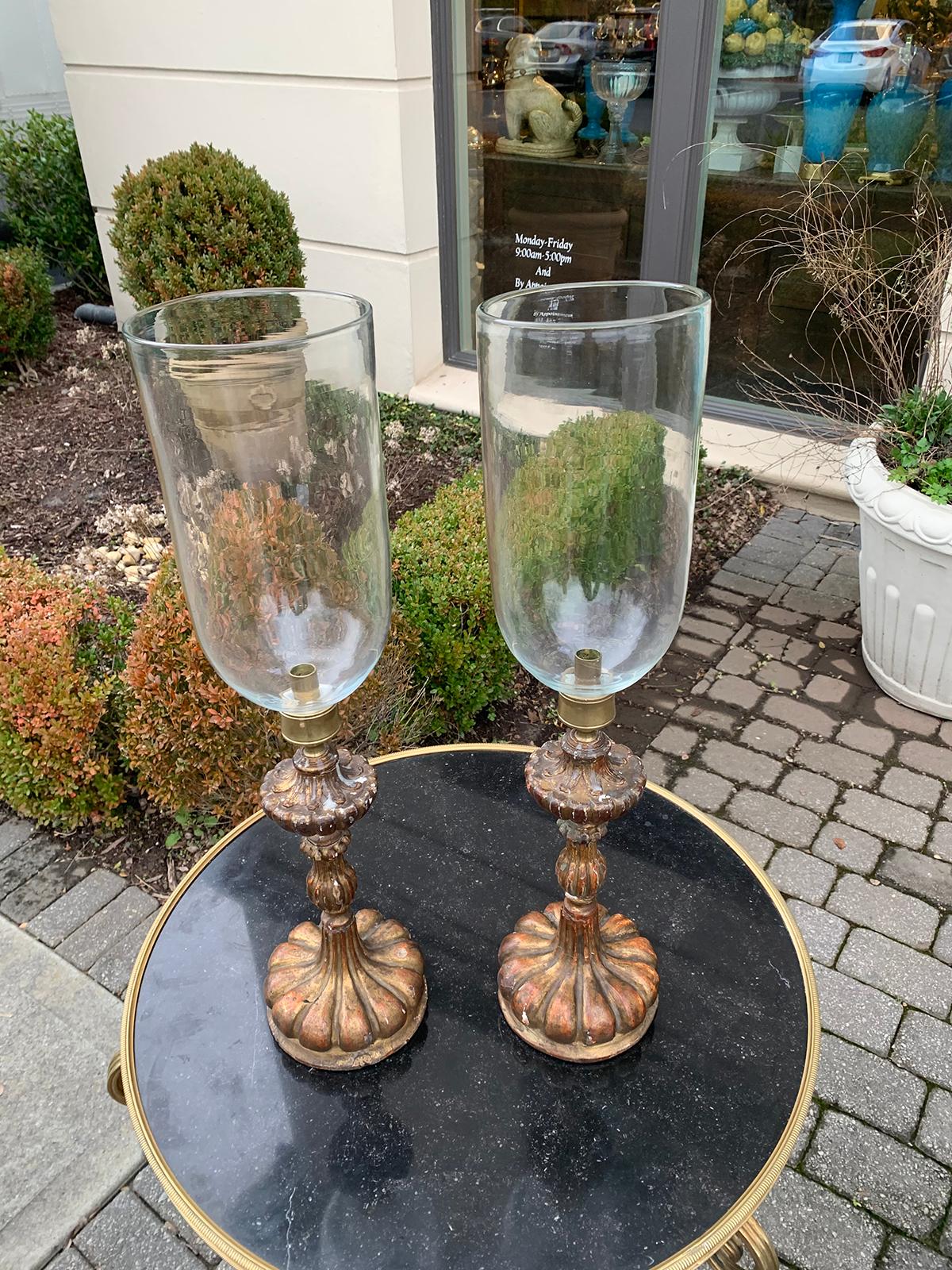 Pair of 20th Century Italian Giltwood Candlesticks with Hand Blown Photophores 10