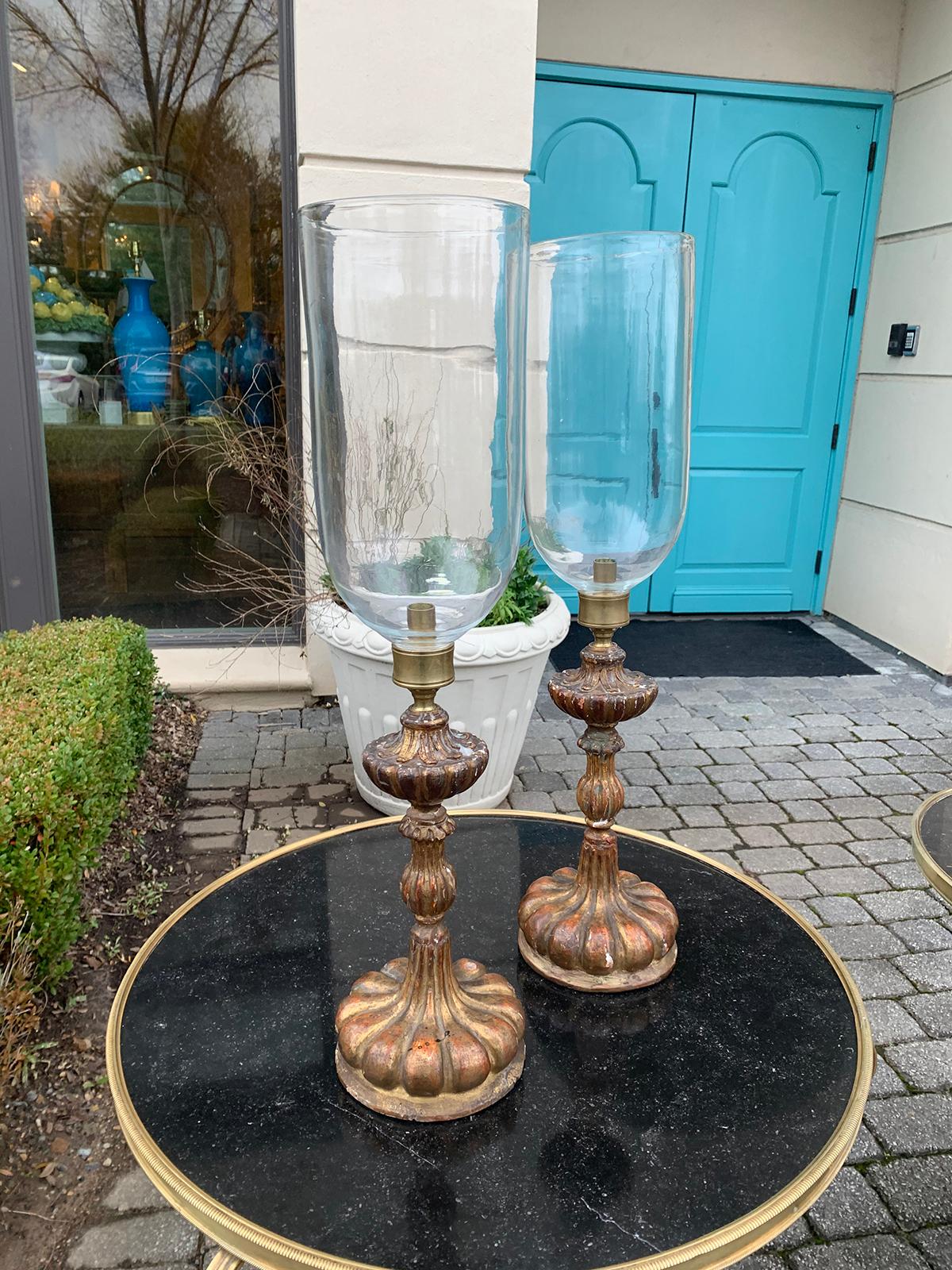Pair of 20th Century Italian Giltwood Candlesticks with Hand Blown Photophores In Good Condition In Atlanta, GA