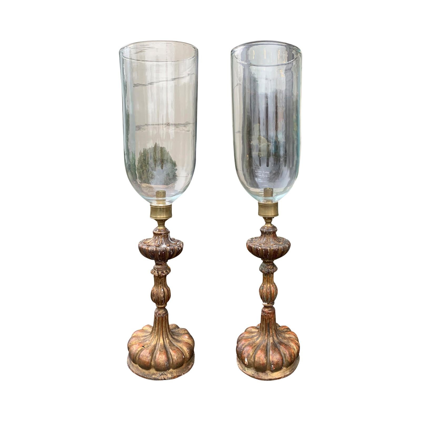 Pair of 20th Century Italian Giltwood Candlesticks with Hand Blown Photophores