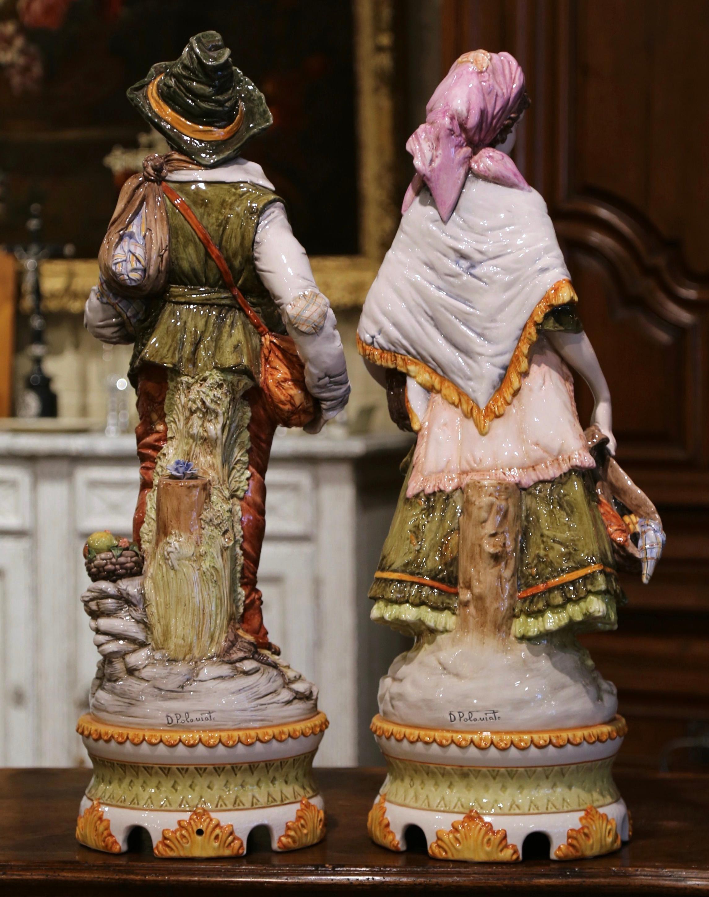 Pair of 20th Century Italian Hand-Painted Porcelain Figurine Statues In Excellent Condition For Sale In Dallas, TX
