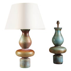 Pair of 20th Century Italian Iridescent Turquoise and Red Glass Table Lamps