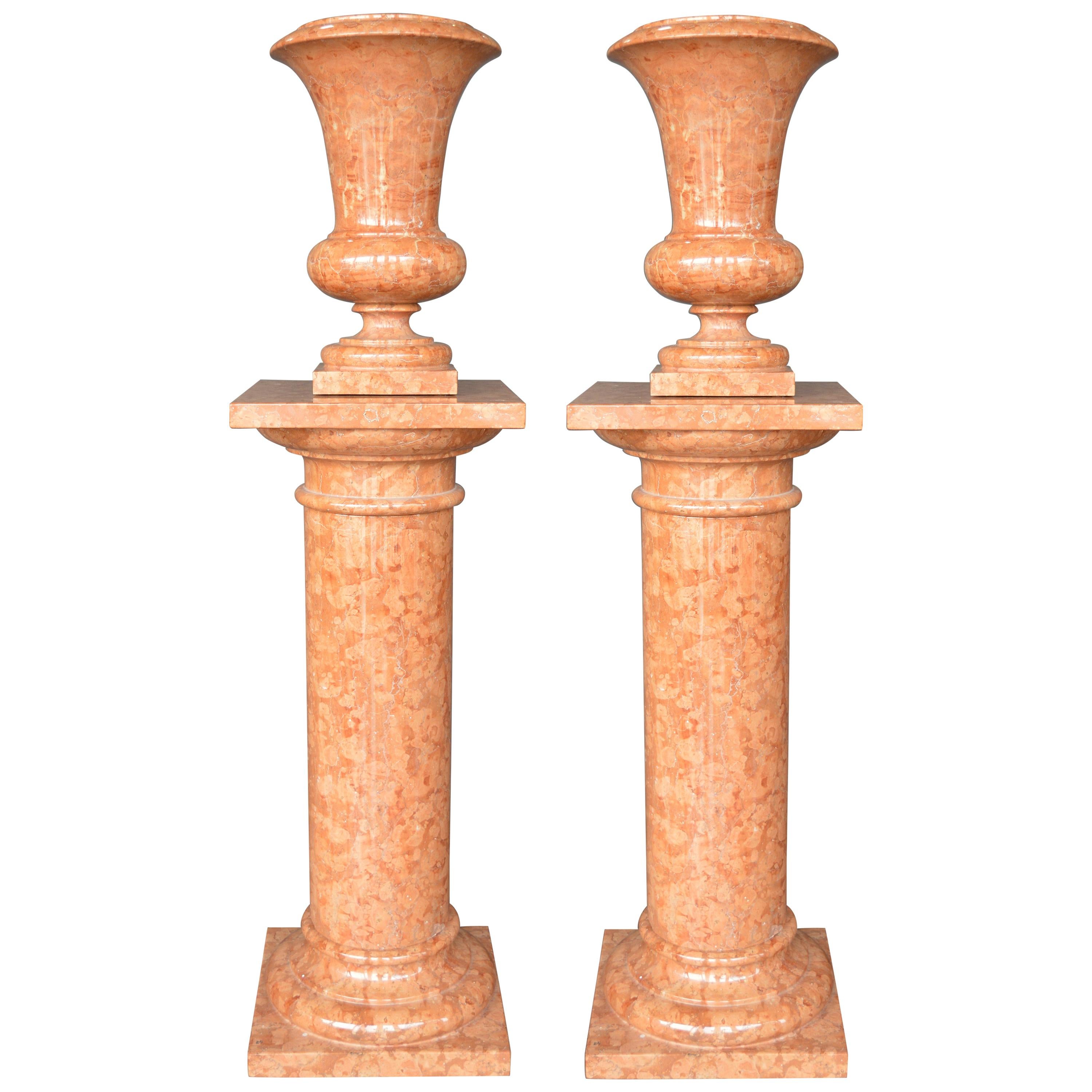Pair of 20th Century Italian Marble Pedestals with Urns