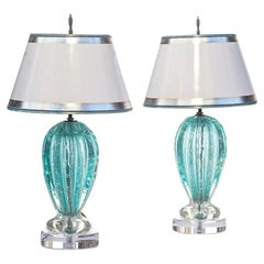 Pair of 20th Century  Italian Mid-Century Aqua-Marine Murano Lamps
