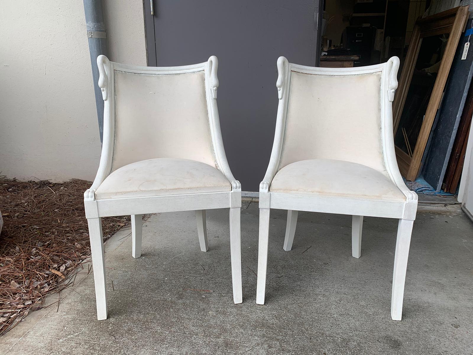 Pair of 20th century circa 1960s Italian neoclassical gondola chairs with Swan motif
custom painted finish.