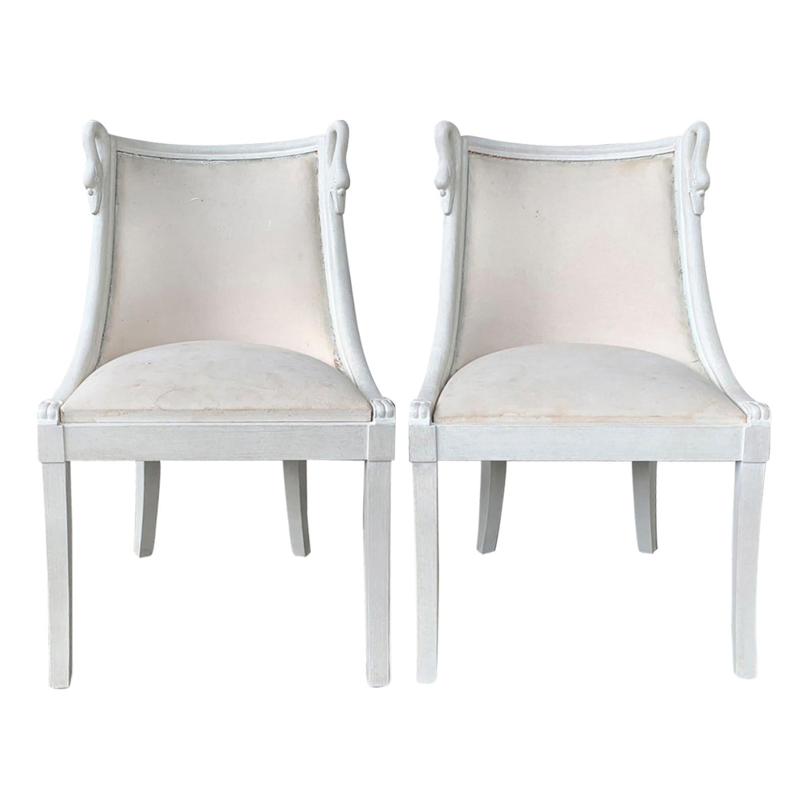 Pair of 20th Century Italian Neoclassical Gondola Painted Chairs with Swan Motif