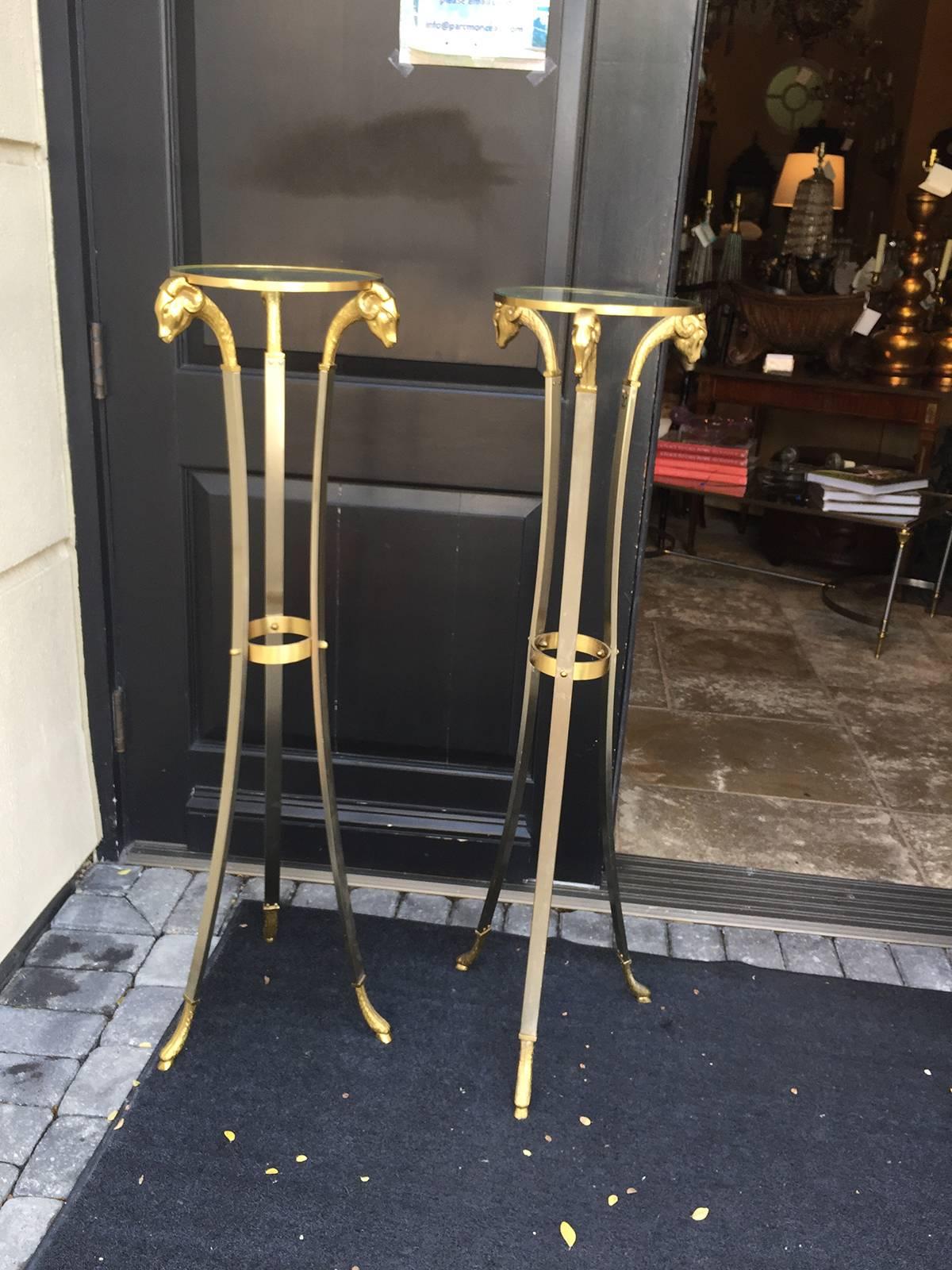 Pair of 20th Century Italian Neoclassical Steel & Brass Rams Head/Hoof Torcheres In Good Condition In Atlanta, GA