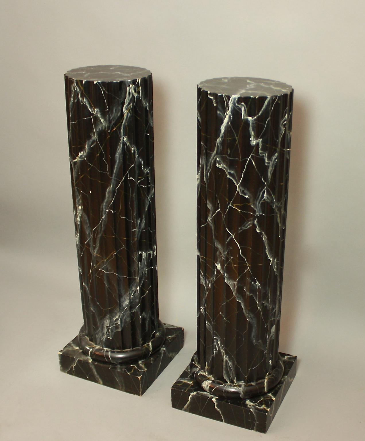 Empire Pair of 20th Century Italian Painted Black Faux Marble Ionic Columns/Pedestals