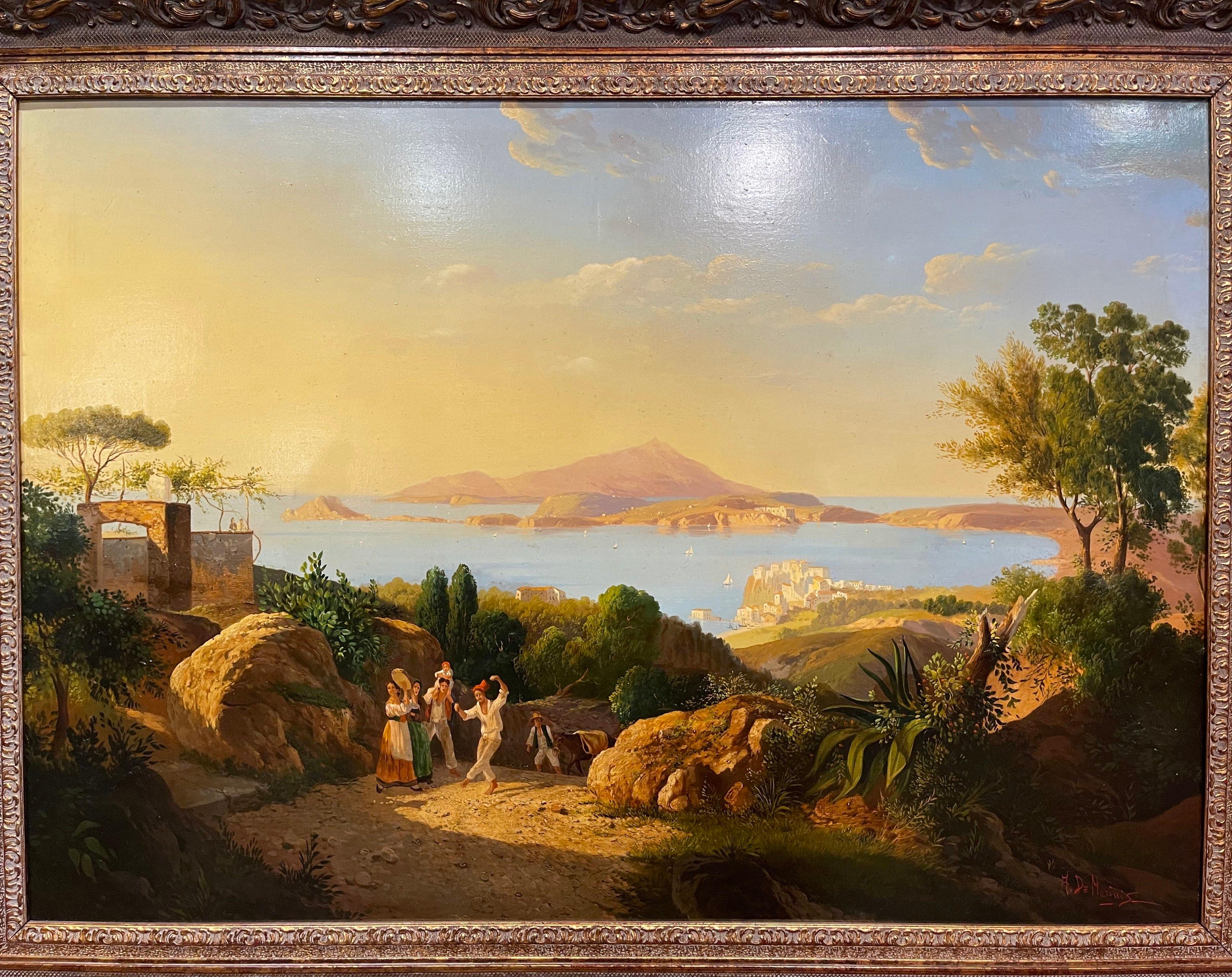 Baroque Pair of 20th Century Italian Signed Coastal Landscape Paintings in Carved Frames