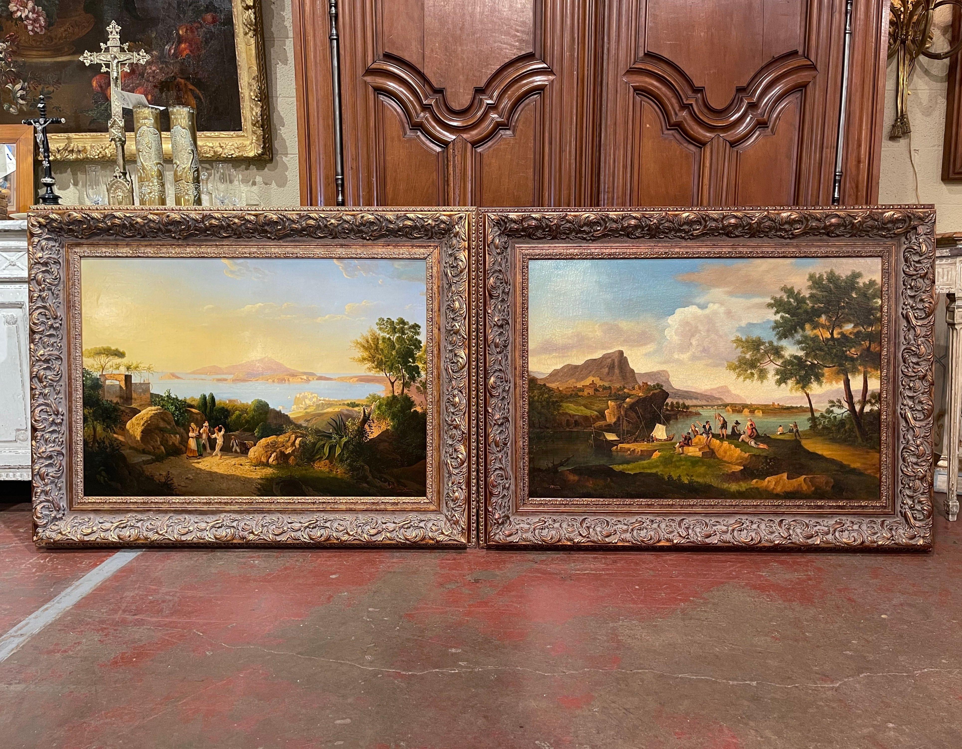 Canvas Pair of 20th Century Italian Signed Coastal Landscape Paintings in Carved Frames