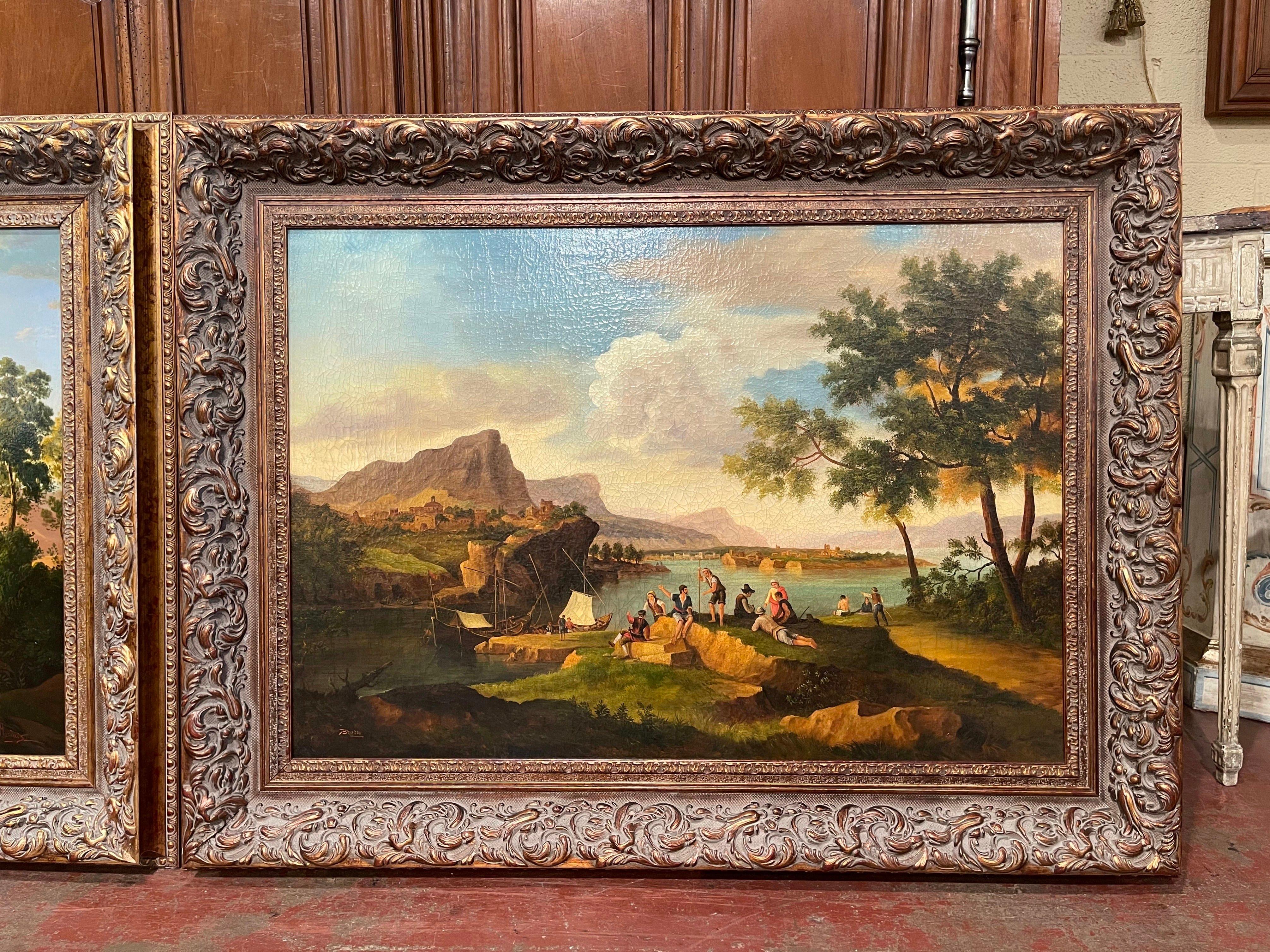 Pair of 20th Century Italian Signed Coastal Landscape Paintings in Carved Frames 1