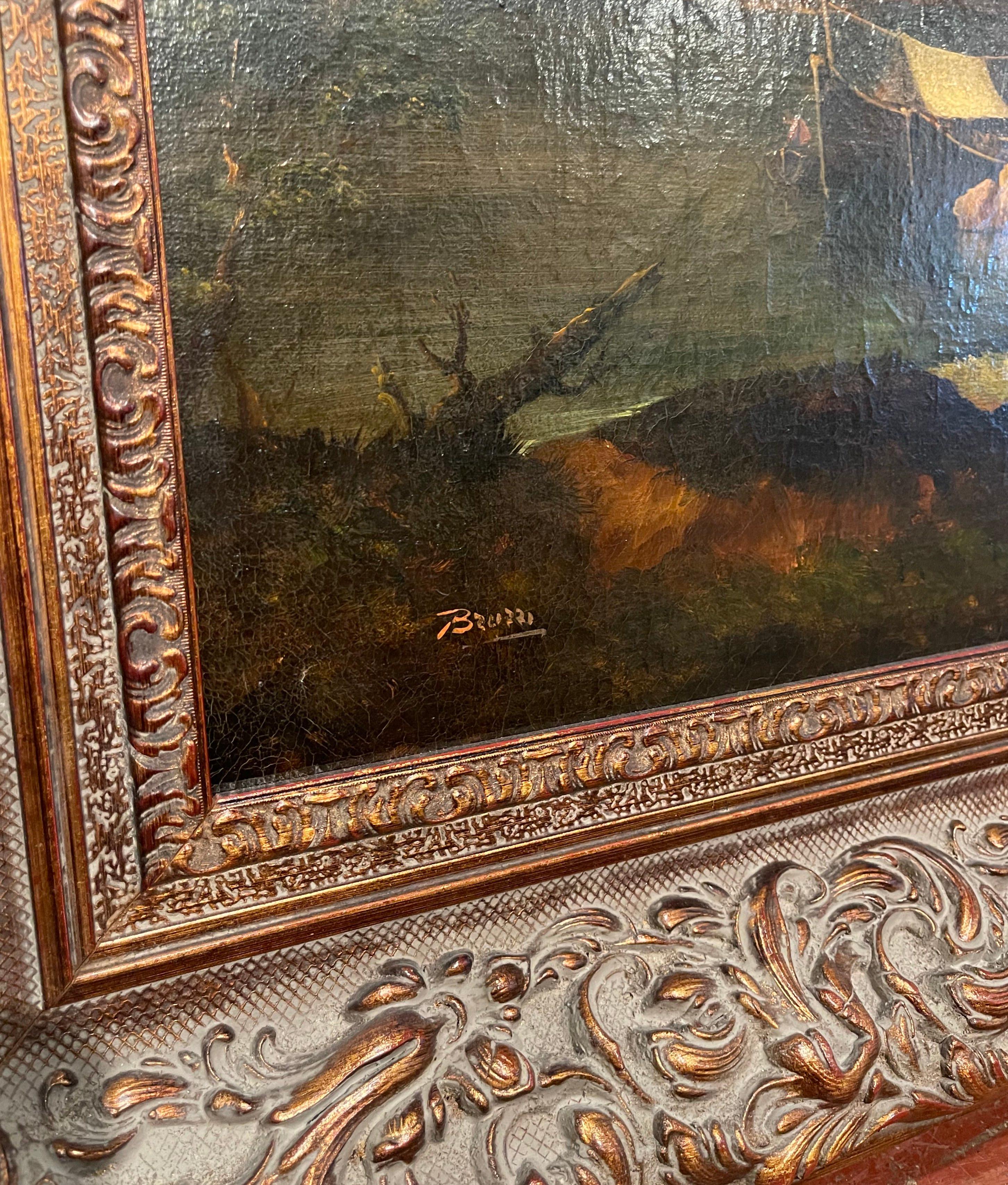Pair of 20th Century Italian Signed Coastal Landscape Paintings in Carved Frames 3