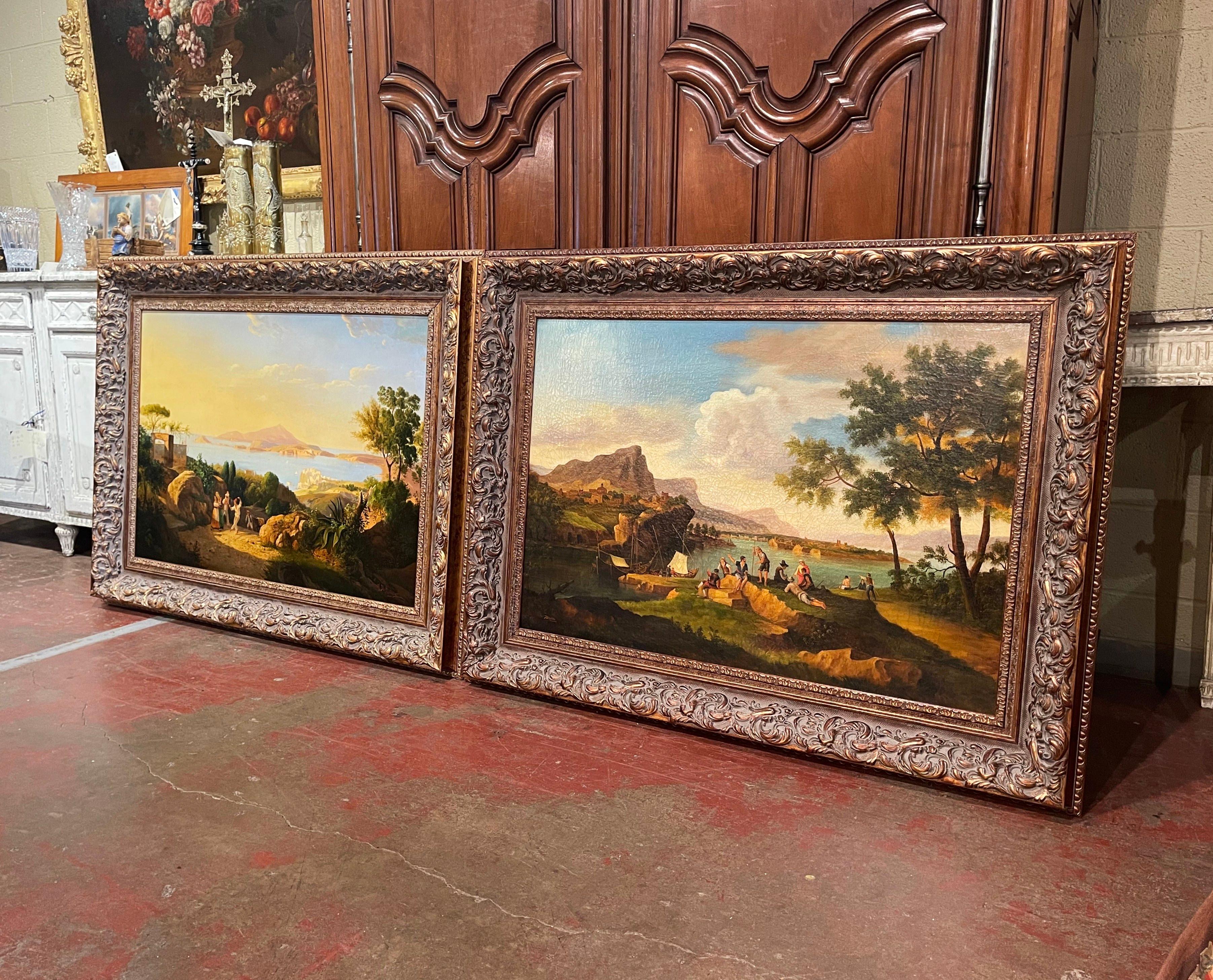 Pair of 20th Century Italian Signed Coastal Landscape Paintings in Carved Frames 4