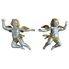 Pair of 20th Century Italian Silver and Gold Carved Gesso Gilt Angels