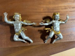 Pair of 20th Century Italian Silver and Gold Carved Gesso Gilt Angels