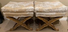 Pair of 20th Century Italian Style Giltwood Upholstered Ottomans