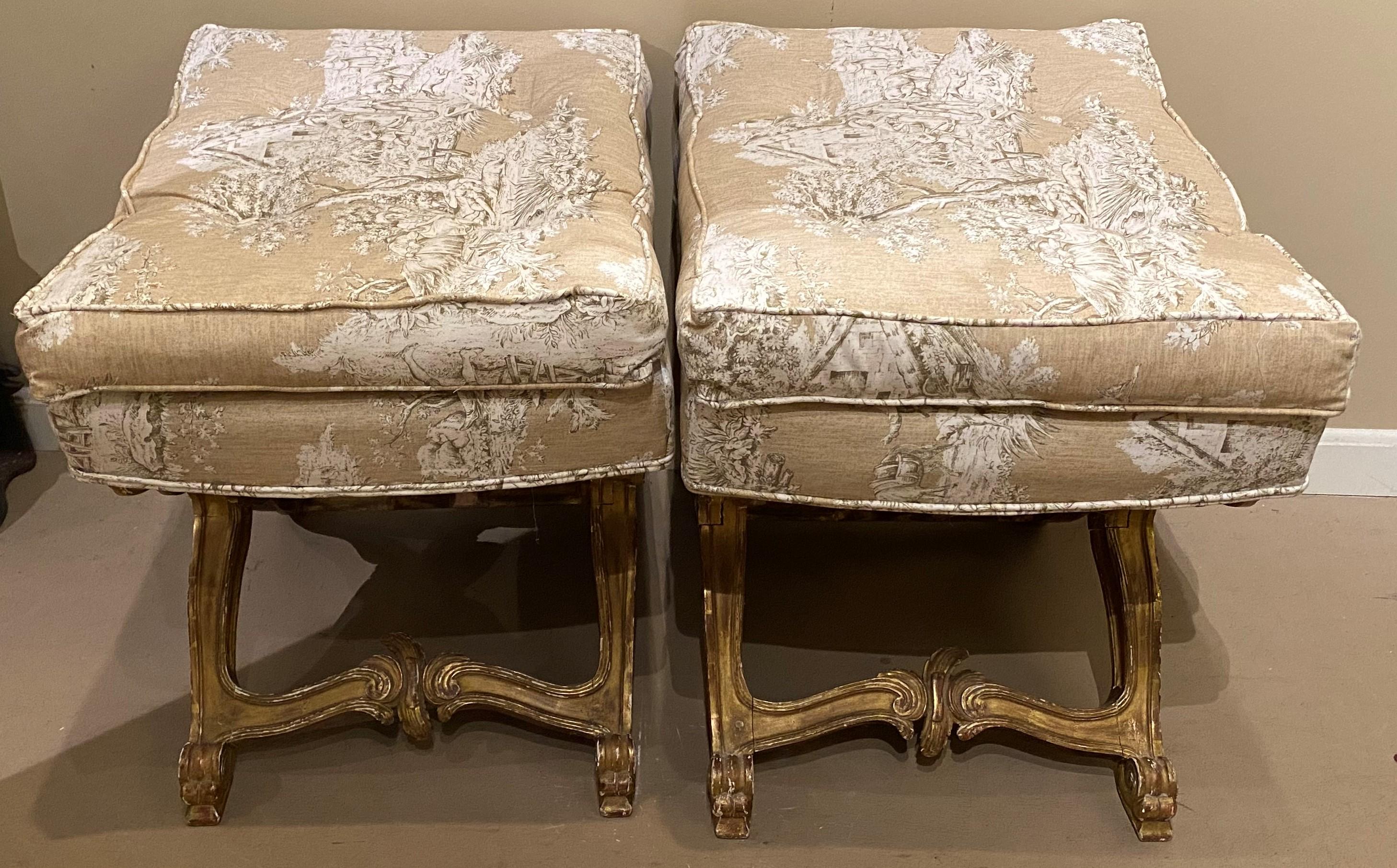 Upholstery Pair of 20th Century Italian Style Giltwood Upholstered Ottomans