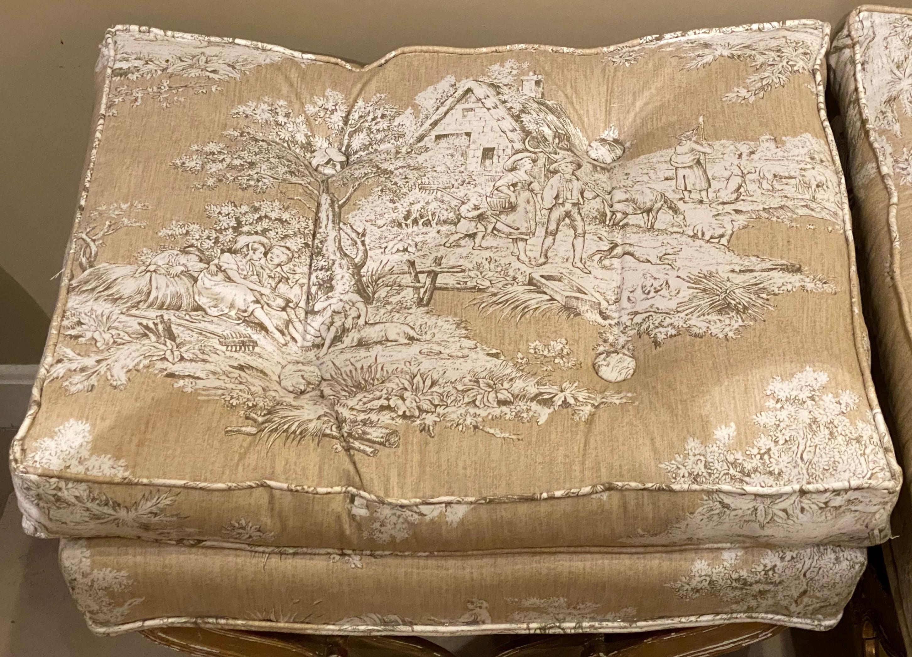 Pair of 20th Century Italian Style Giltwood Upholstered Ottomans 1