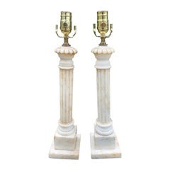 Pair of 20th Century Italian White Marble Column Lamps