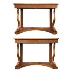 Pair of 19th Century Italian Fruit Wood Consoles with Gilt Brass Trim