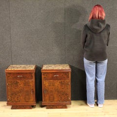 Pair of 20th Century Italian Wood with Marble Top Italian Bedside Tables, 1950s
