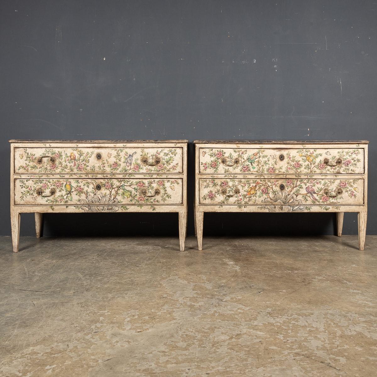 A pair of 20th Century Italian commodes crafted from wood showcase a captivating naturalistic theme. Adorned with paintings of birds, butterflies, and trees, these commodes boast a timeless charm. The spacious interior is facilitated by four large