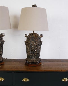 Pair of 20th Century James Mont Style Cast Iron Archaic Chinese Lamps Lanterns