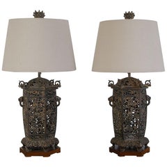 Pair of 20th Century James Mont Style Cast Iron Archaic Chinese Lamps Lanterns