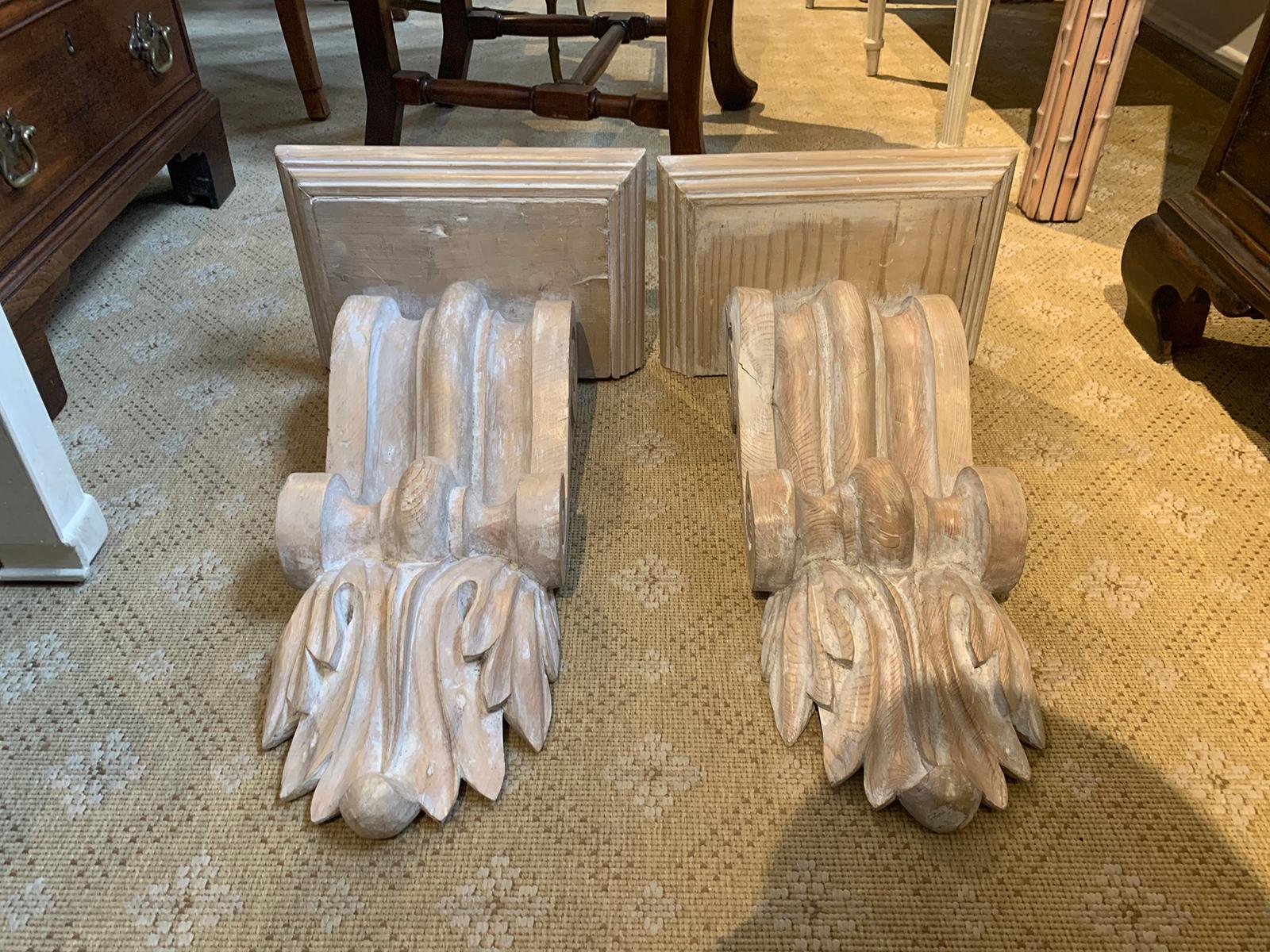 Pair of 20th Century Jumbo Hand Carved Pickled Brackets For Sale 4